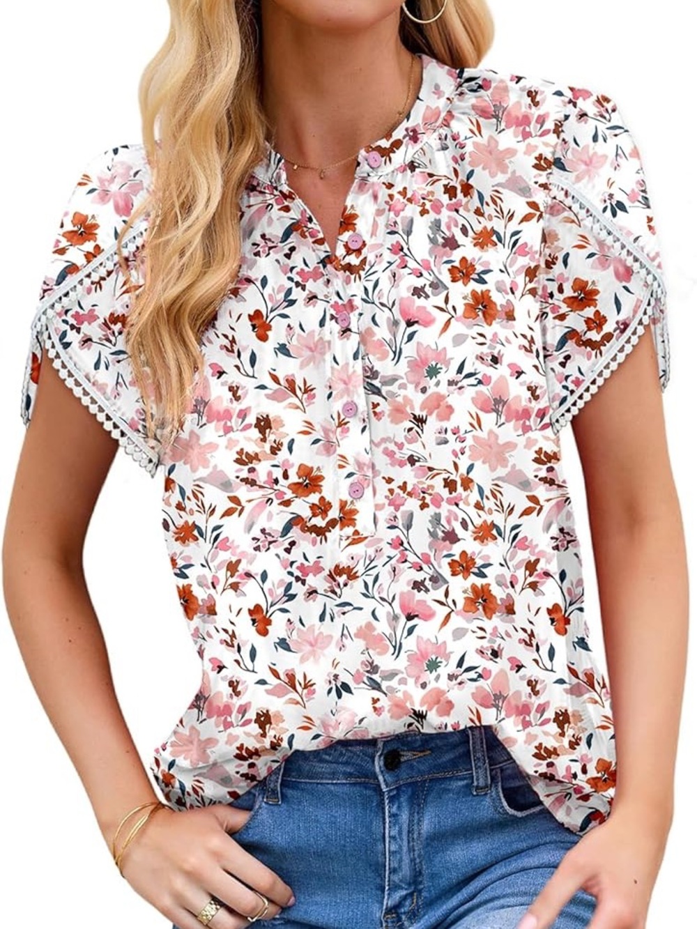 Dokotoo Cream Pink Floral Button-Front Blouse with Ruffle Sleeves, Size Small